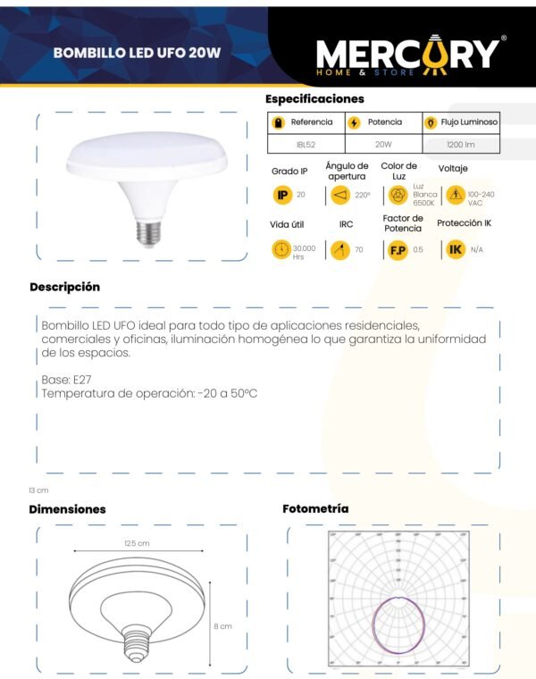 Ficha técnica Bombillo LED 20W Luz Fría 6500K — Mercury