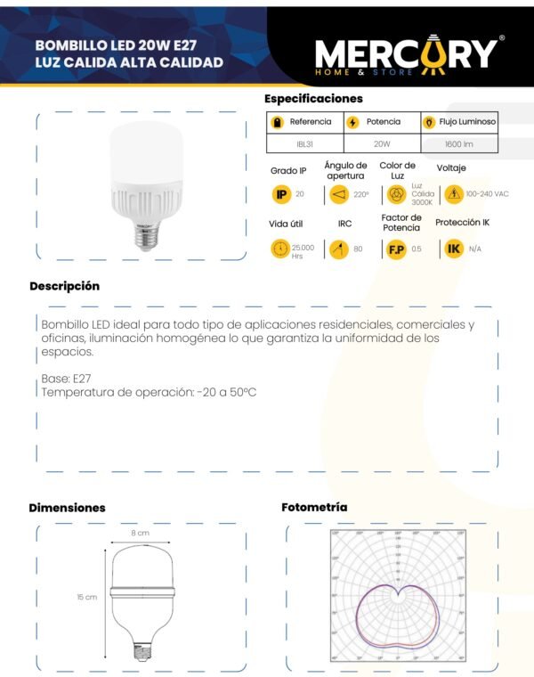 Ficha técnica Bombillo LED 20W — Mercury