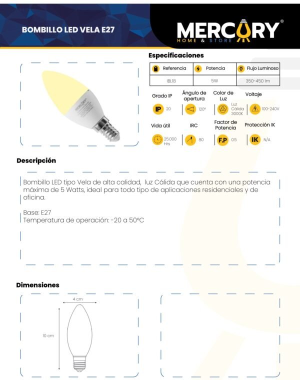Ficha técnica Bombillo LED 5W E27 Luz Cálida 3000K — Mercury