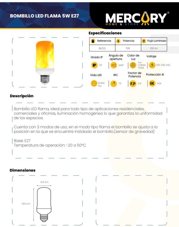 Ficha técnica Bombillo LED Vela Flama 5W E27 Luz Cálida Vintage — Mercury