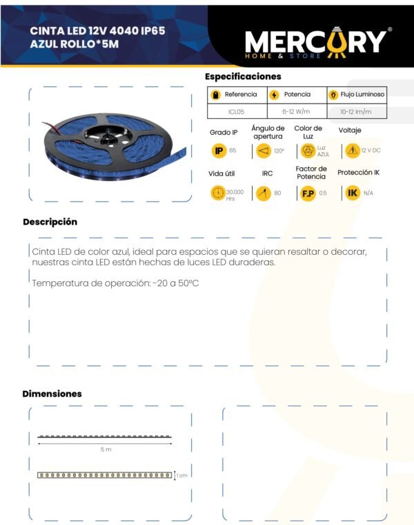 Ficha técnica Cinta LED Azul 12V x5m — Mercury