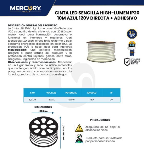 Ficha técnica Cinta LED de Alta Luminosidad Adhesiva Azul x10m — Mercury