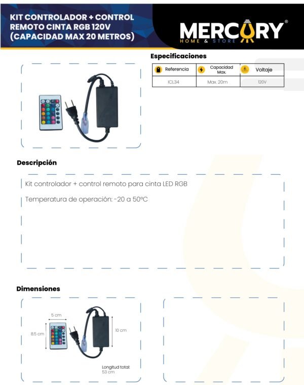 Ficha técnica Cinta LED RGB 120V x20m — Mercury