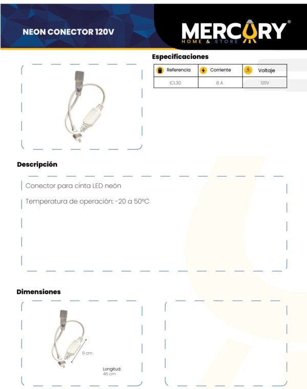 Ficha técnica Conector para Cinta Neón LED 120V — Mercury