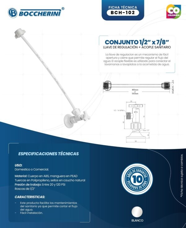 Ficha técnica Conjunto Llave de Regulación con Acople de 1/2 x 3/4 Sanitario
