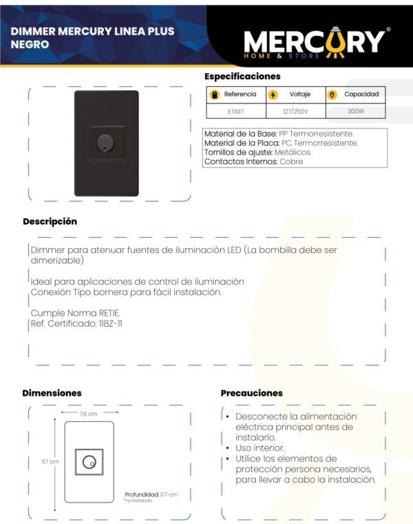 Dimmer Sencillo Negro — Mercury Plus Negro