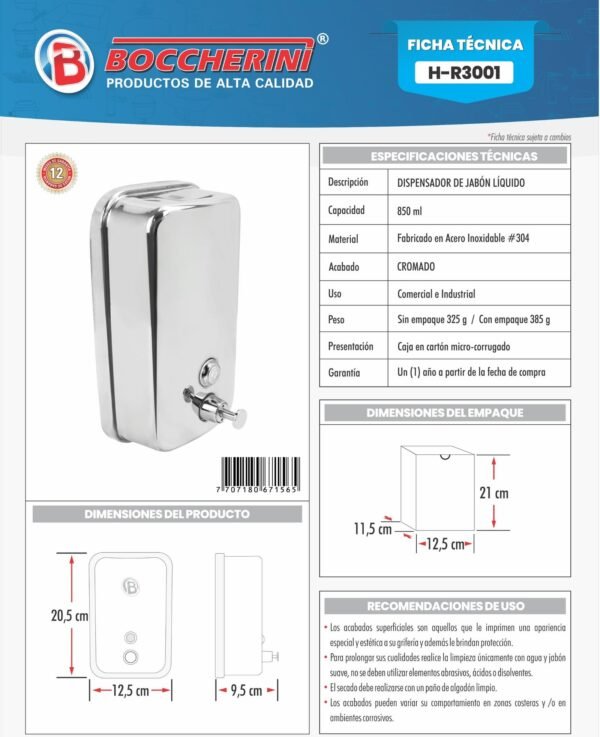 Ficha técnica Dispensador de Jabón en Acero Inoxidable # 304 1000 Ml.