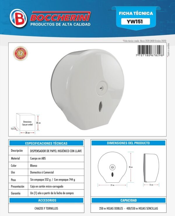 Ficha técnica Dispensador de Papel Higienico en ABS con Llave