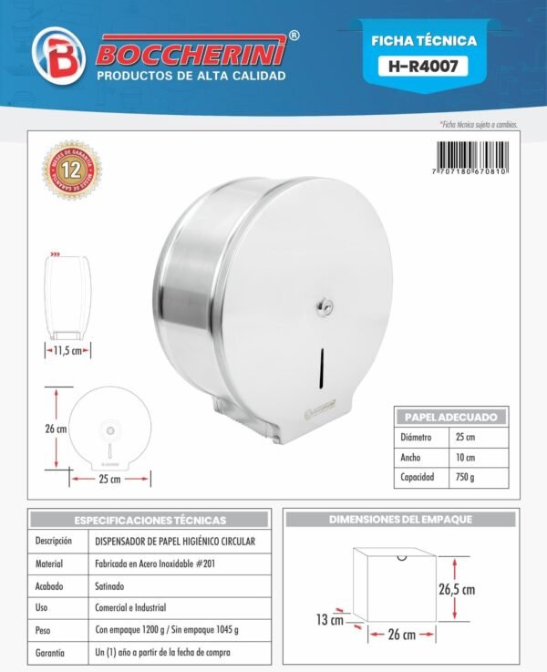 Ficha técnica Dispensador de Papel Higiénico en Acero Inoxidable # 201. Tamano 260 x 255 x 115 Mm.