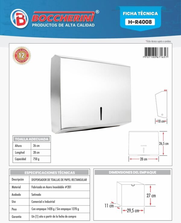 Ficha técnica Dispensador de Toallas de Papel en Acero Inoxidable # 201. Tamaño 285 x 100 x 263 mm
