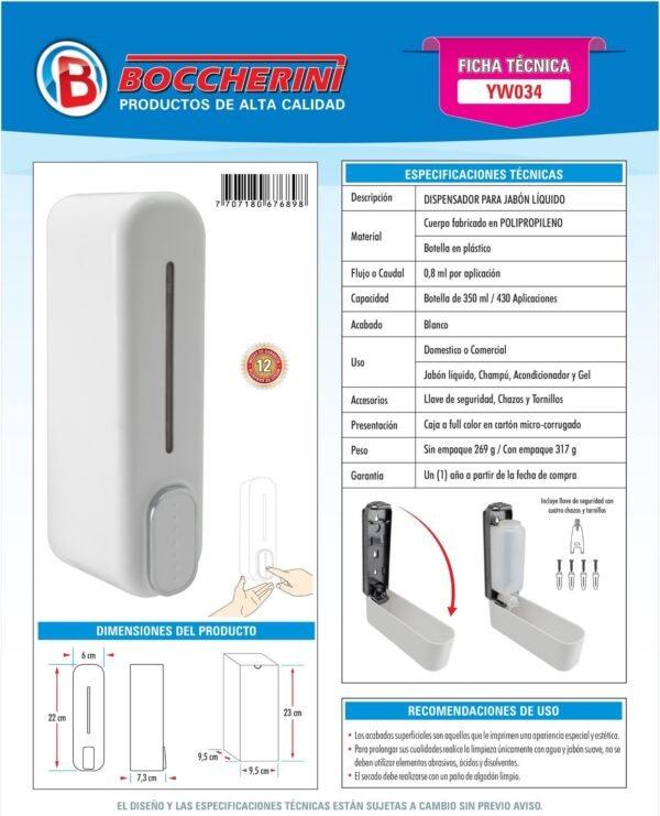 Ficha técnica Dispensador Jabon Liquido 1 Botella en ABS Blanco 350 ml