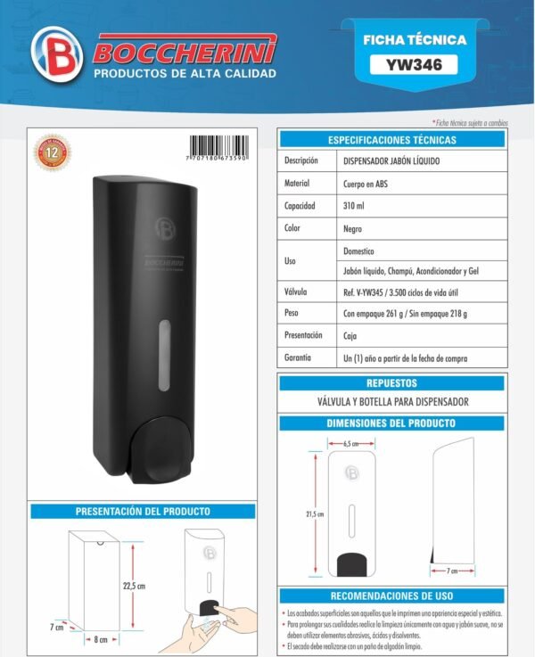 dispensador-jabon-liquido-negro-capacidad-310ml-ficha-tecnica Ficha técnica Dispensador Jabon Liquido Negro Capacidad 310ml