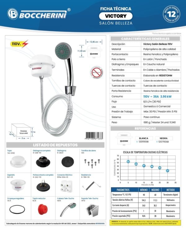 Ficha técnica Ducha Victory Salon Belleza Blanca 110V
