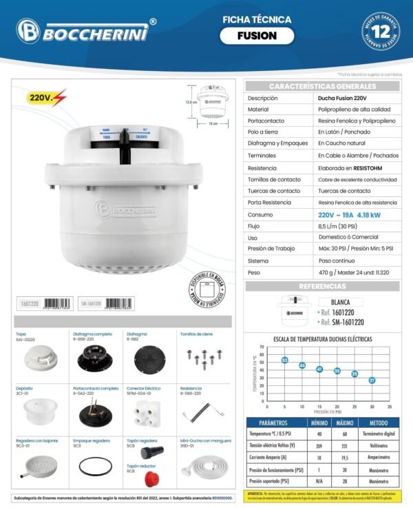 Ficha técnica Ducha Fusion Blanca con Manguera 220V