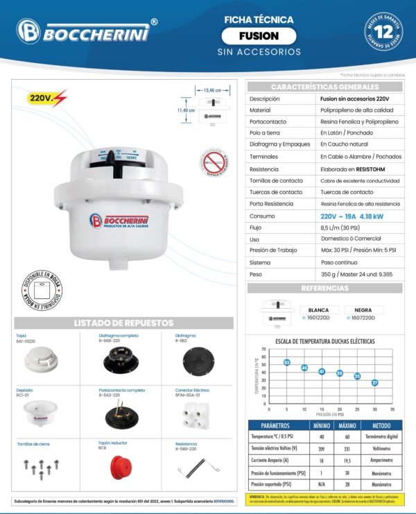 Ficha técnica Ducha Fusion Dirigible Blanca sin Accesorios 220V