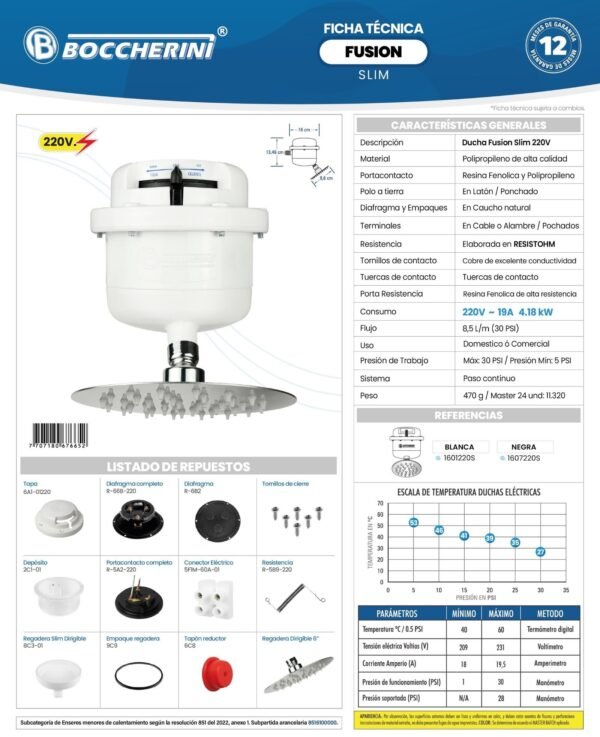 Ficha técnica Ducha Fusion Dirigible Blanca Slim 220V