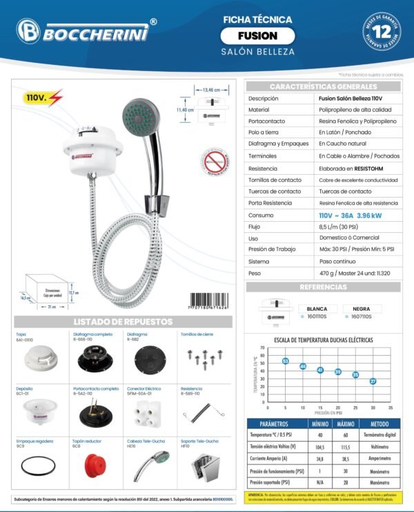 Ficha técnica Ducha Fusion Salon de Belleza Blanca 110V