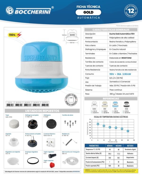 Ficha técnica Ducha Gold Superautomatica Blanca con Manguera 110V