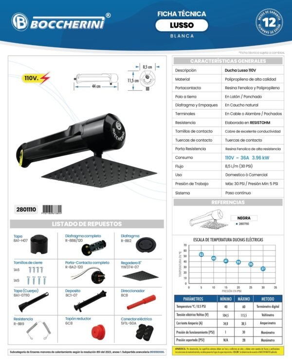 Ficha técnica Ducha Horizontal Lusso Negra 110V