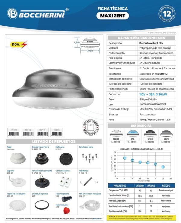 Ficha técnica Ducha Maxi Zent Blanca con Manguera 110 V