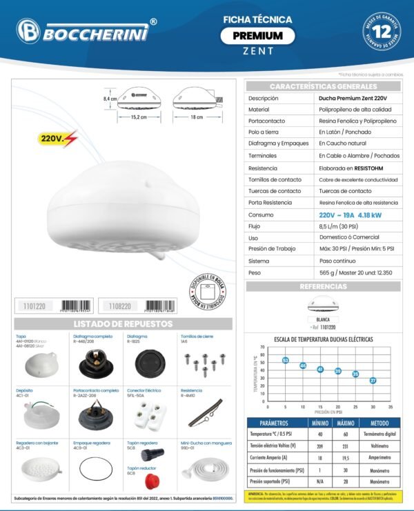 Ficha técnica Ducha Premium Zent Blanca con Manguera 220 V