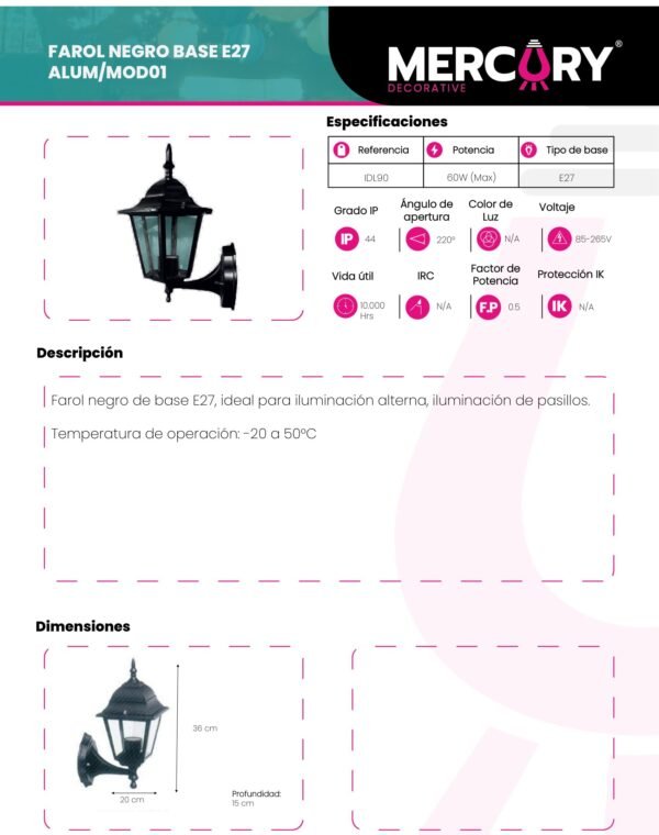 Ficha técnica Farol LED de Pared Negro — Mercury · Ref IDL90