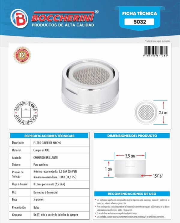 Ficha técnica Filtro Griferia Plastico Macho