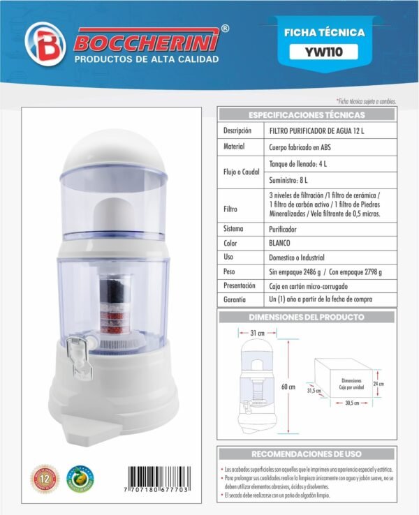Ficha técnica Filtro Purificador de Agua 12 lt