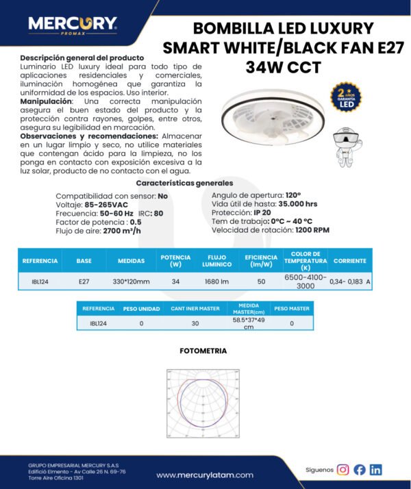 Bombillo LED Smart con Ventilador 34W E27 — Mercury Bombillo LED Smart con Ventilador 34W E27 — Mercury