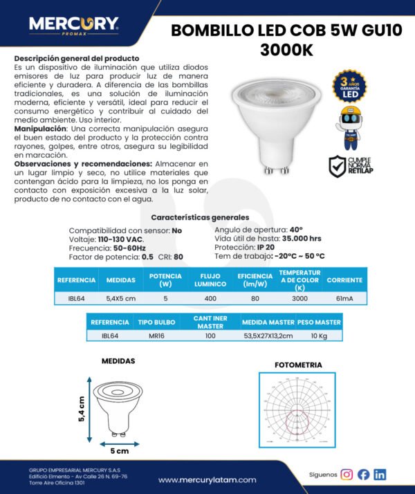 Bombillo LED 5W Luz Cálida 3000K — Mercury Bombillo LED 5W Luz Cálida 3000K — Mercury
