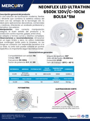 Cinta Neón Flex LED Luz Fría 6500K 120V x5m — Mercury Cinta Neón Flex LED Luz Fría 6500K 120V x5m — Mercury