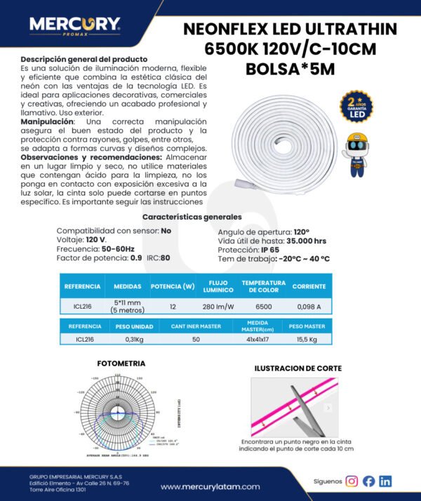 Cinta Neón Flex LED Luz Fría 6500K 120V x5m — Mercury Cinta Neón Flex LED Luz Fría 6500K 120V x5m — Mercury