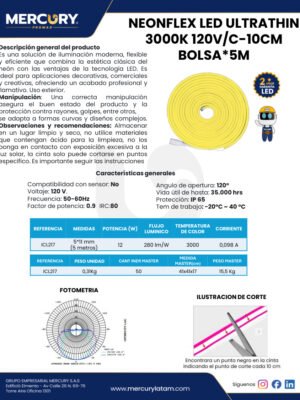 Cinta Neón Flex LED Luz Cálida 3000K 120V x5m — Mercury Cinta Neón Flex LED Luz Cálida 3000K 120V x5m — Mercury