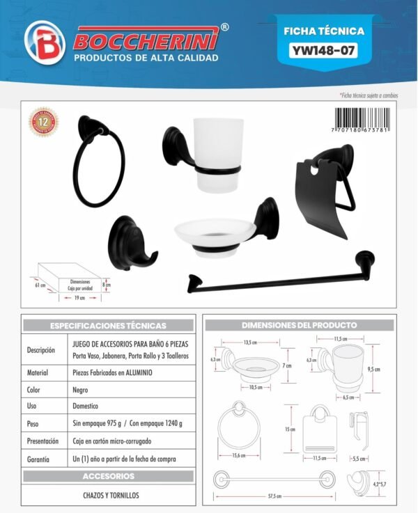 Ficha técnica Juego Accesorios para Bano x 6 Piezas en Zinc Color Negro