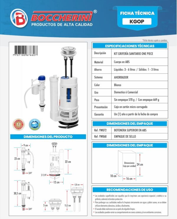 Ficha técnica Kit Griferia Sanitario One Piece
