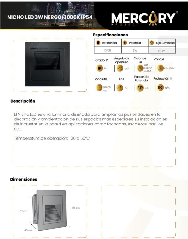 Ficha técnica Lámpara LED Negro Luz Cálida 3000K — Mercury