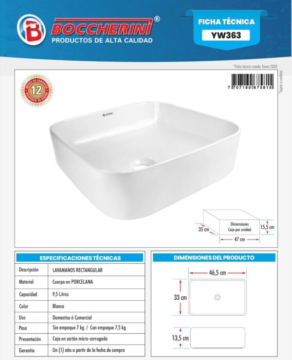 Ficha técnica Lavamanos Rectangular Blanco 46 5cmx32x13 5cm