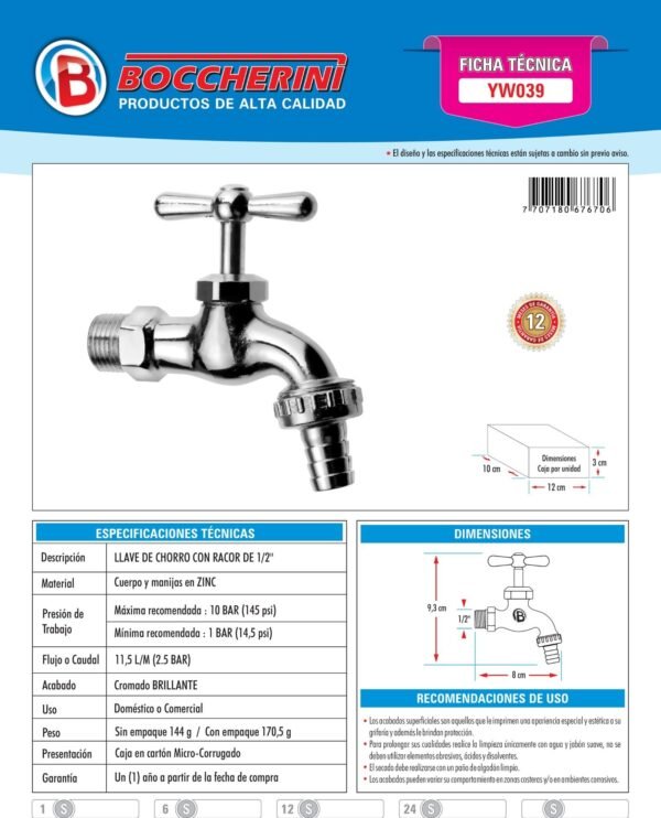 Ficha técnica Llave de Chorro con Racor de 1/2 Ref. Yw039