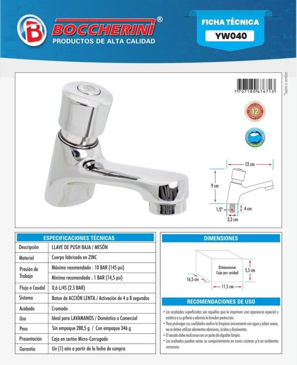 Ficha técnica Llave de Push Lavamanos Baja Ref. Yw040