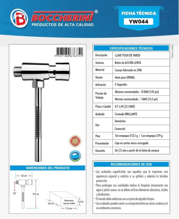 Ficha técnica Llave de Push para Orinal Ref. Yw044
