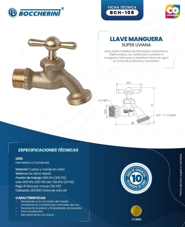 Ficha técnica Llave Manguera Superliviana Cobre