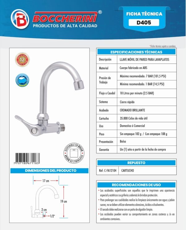 Ficha técnica Llave Movil Lavaplatos Pared