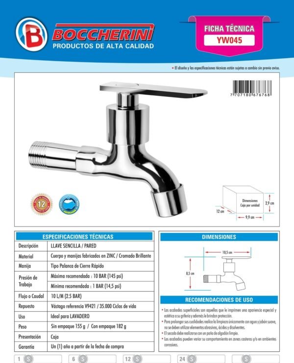 Ficha técnica Llave para Lavadero Cromada Manija Tipo Palanca Ref. Yw045