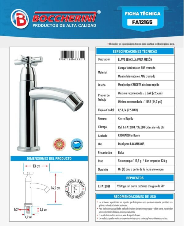 Ficha técnica Llave Sencilla Lavamanos en ABS Cromada Manija Tipo Cruceta