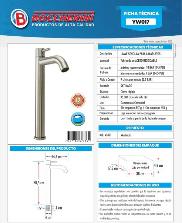 Ficha técnica Llave Sencilla Lavamanos en Acero Inoxidable