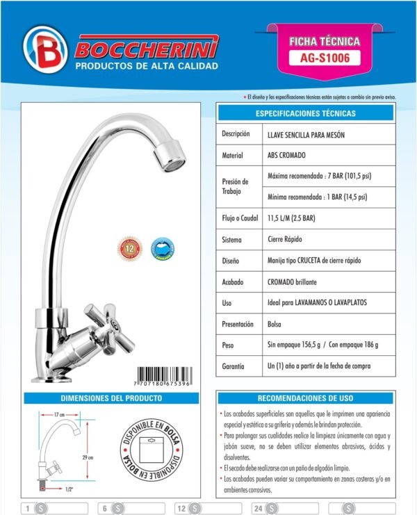 Ficha técnica Llave Sencilla Lavaplatos ABS Manija Tipo Cruceta