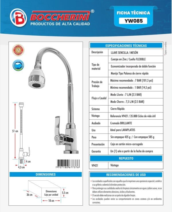 Ficha técnica Llave Sencilla Lavaplatos Meson con Economizador Cuerpo en ABS Manija Tipo Palanca