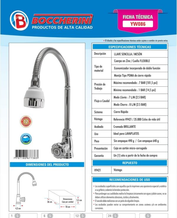 Ficha técnica Llave Sencilla Lavaplatos Meson con Economizador Cuerpo en ABS Manija Tipo Pomo