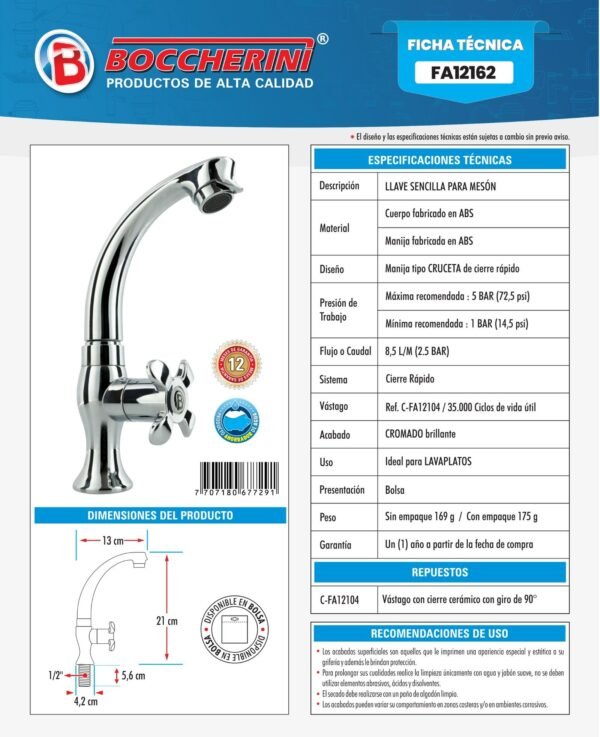 Ficha técnica Llave Sencilla Meson Lavaplatos en ABS Cromada Manija Tipo Cruceta