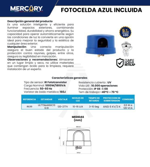 Ficha técnica Luminaria LED Exterior Monza 200W — Mercury